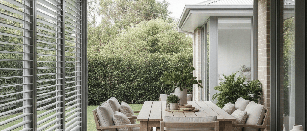 Alfresco dining area with aluminium shutters on side opening, neutral outdoor furniture, covered patio roof, soft