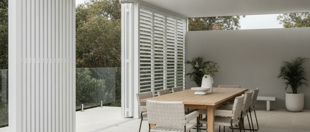 Alfresco dining area with outdoor shutters on side opening, neutral outdoor furniture, covered patio roof, soft