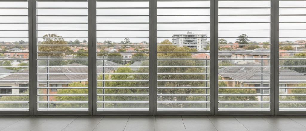 Apartment balcony with aluminium shutters for privacy and shade, Sydney suburban outlook, neutral flooring, natural daylight,
