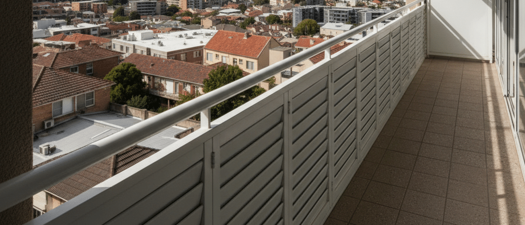Apartment balcony with white outdoor shutters for privacy, city-suburban Sydney outlook, neutral flooring, natural daylight, realistic