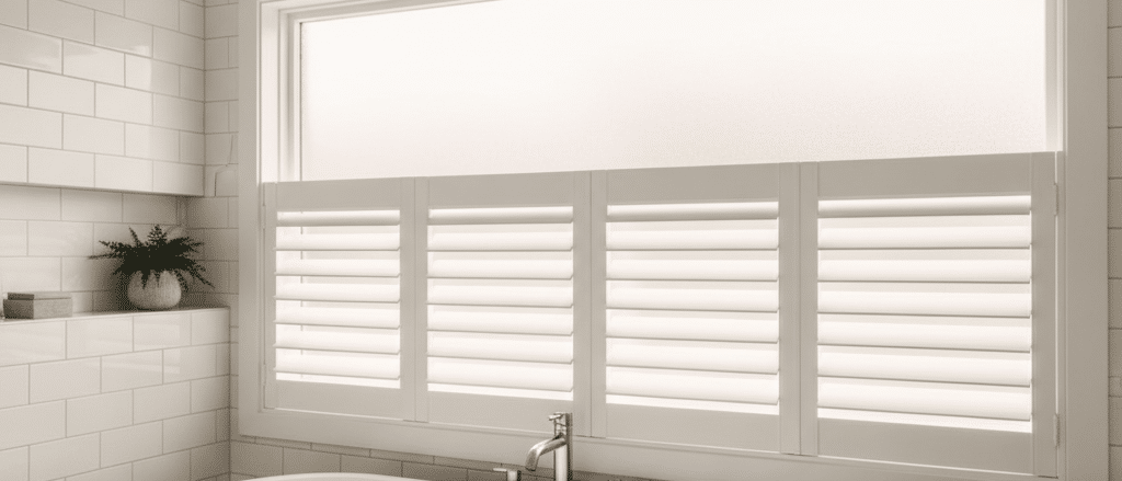 Bright bathroom with white faux wood shutters on frosted window, clean tiles, moisture-aware shutter design, soft