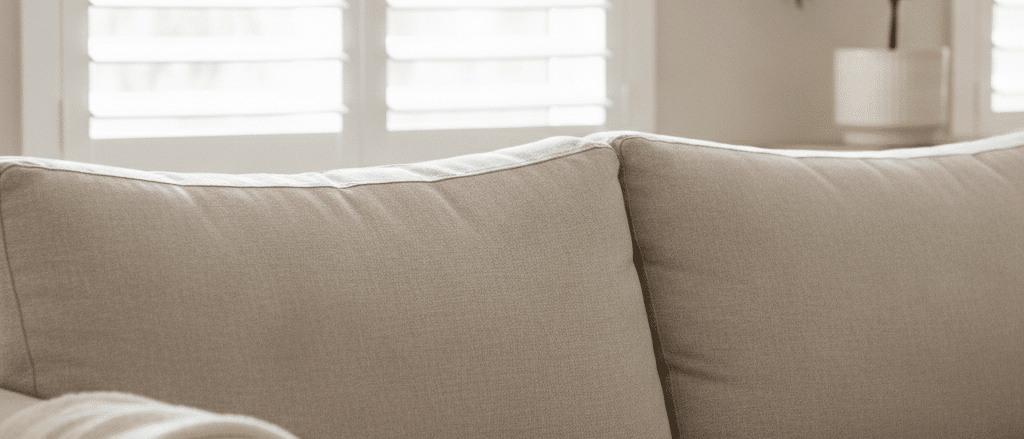 Bright family room with composite shutters, practical clean finish, neutral sofa, natural daylight, relaxed Australian home