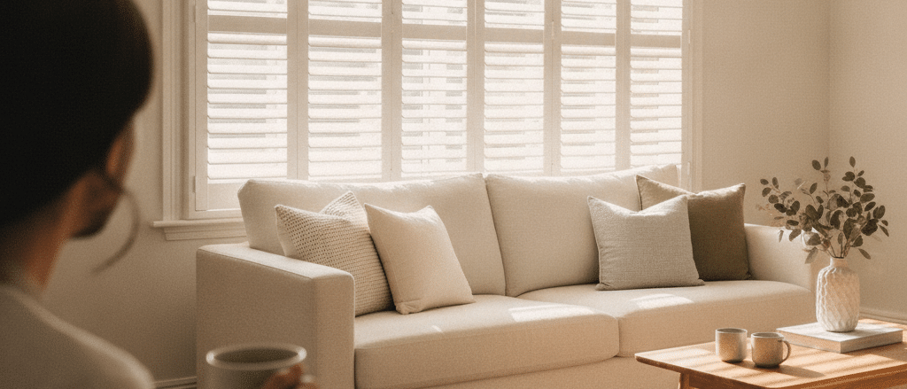 Bright family room with white faux wood shutters, practical clean finish, neutral sofa, natural daylight, relaxed