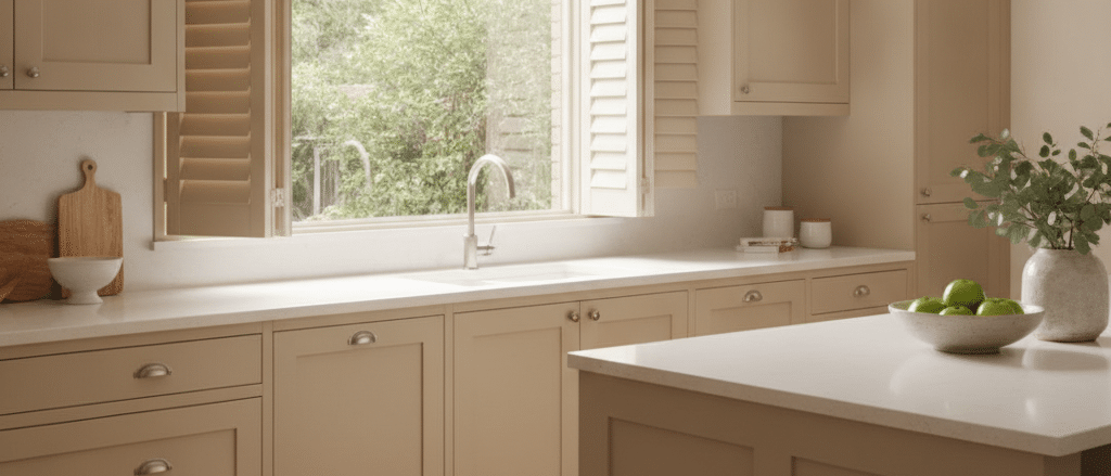 Bright kitchen with custom painted shutters matched to cabinetry, soft neutral colour palette, clean benchtops, natural