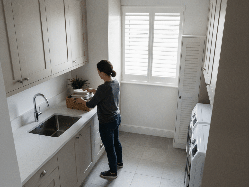 Bright laundry room with white waterproof shutters on small window, clean benchtop, neutral cabinetry, practical moisture-aware