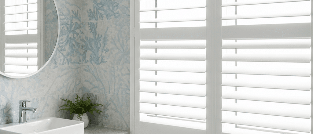 Bright Sydney bathroom with white waterproof plantation shutters on window, tiled walls, clean vanity, soft natural