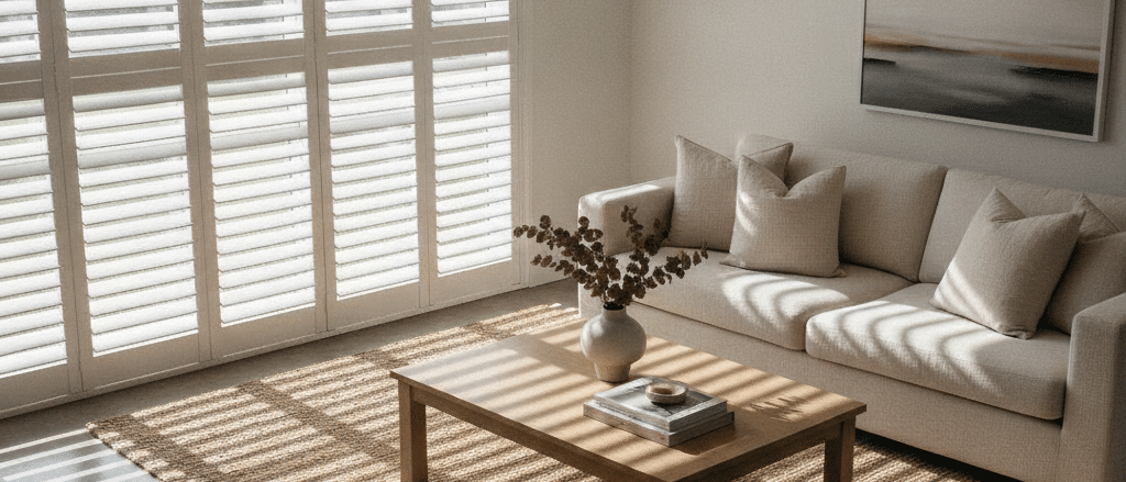 Bright Sydney living room with white composite plantation shutters, clean neutral interior, natural daylight, modern Australian