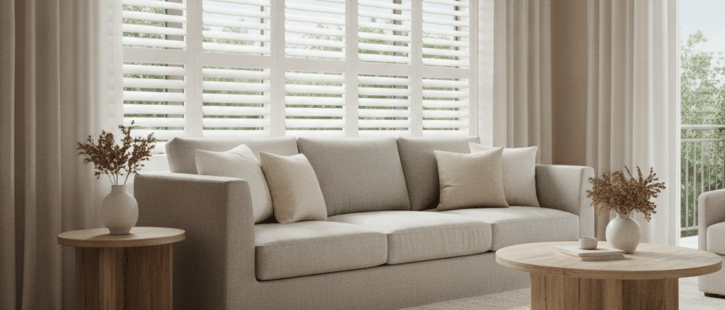 Bright Sydney living room with white faux wood plantation shutters, clean timber-look finish, neutral furniture, natural