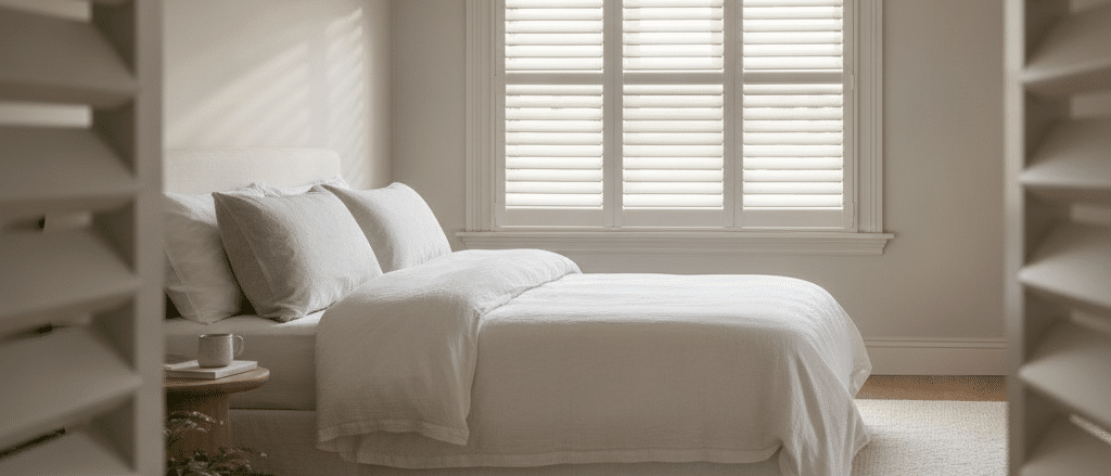 Calm bedroom with custom painted shutters in a soft muted neutral tone, matching wall and trim