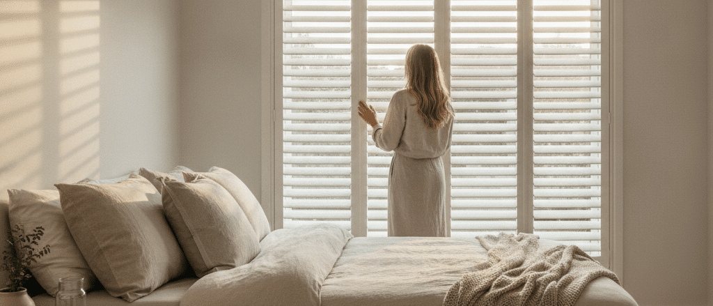 Calm bedroom with white composite shutters, soft morning light, neutral bedding, simple clean styling, realistic Australian