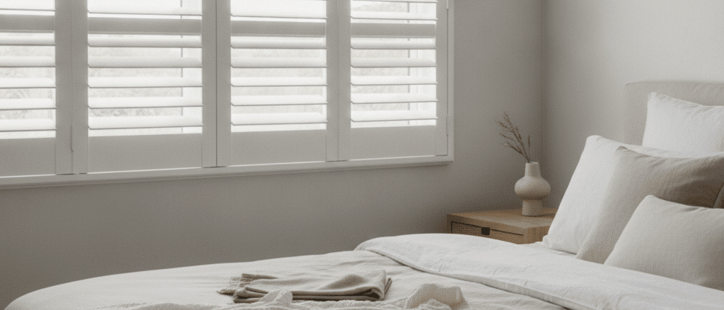 Calm bedroom with white faux wood shutters, soft morning light, neutral bedding, clean minimal styling, realistic
