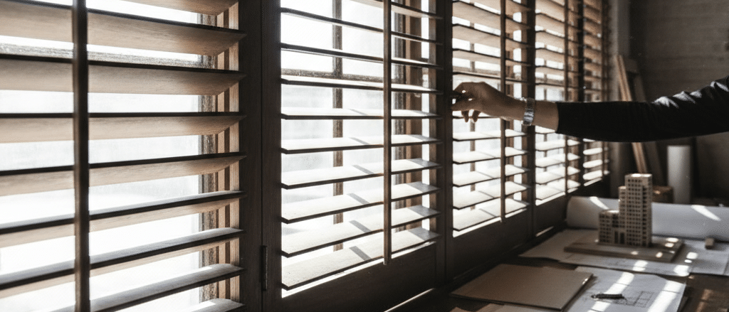 Close-up of large window shutters with adjustable louvres controlling sunlight