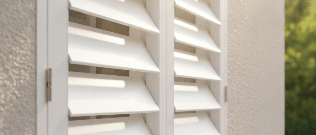 Close-up of outdoor shutter louvres angled for shade and privacy, white moisture-resistant finish, sunlight filtering through,