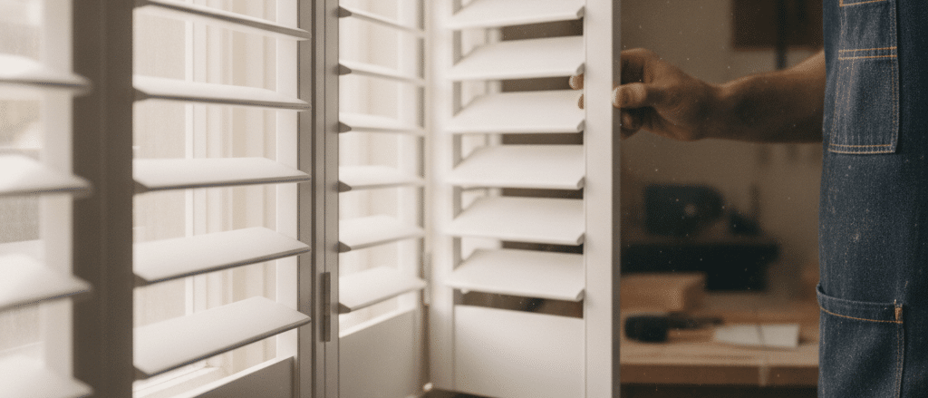 Close-up of plantation shutter louvres and frame