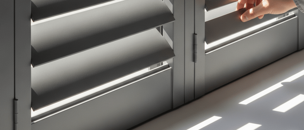 Close-up of powder-coated aluminium shutter louvres and frame, smooth durable finish, angled blades filtering sunlight, realistic