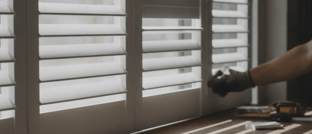 Close-up of white composite shutter louvres and frame, smooth engineered finish, angled blades filtering daylight, realistic