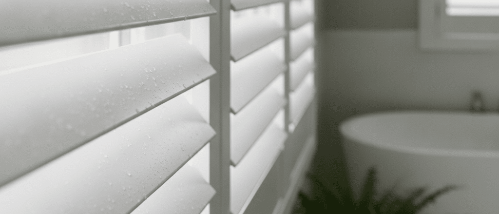 Close-up of white waterproof bathroom shutter louvres, smooth moisture-resistant finish, angled blades, soft bathroom daylight, realistic