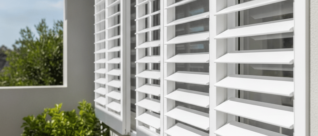Coastal style Sydney home exterior with powder-coated aluminium shutters, bright natural light, neutral facade, outdoor living