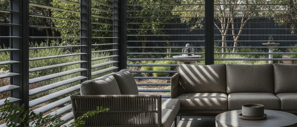 Covered patio with aluminium shutters, garden view, neutral outdoor furniture, shade and privacy, realistic Australian home