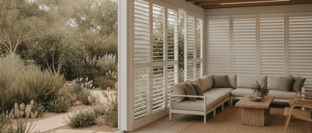 Covered patio with white outdoor shutters, garden view, neutral outdoor furniture, shade and privacy, realistic Australian