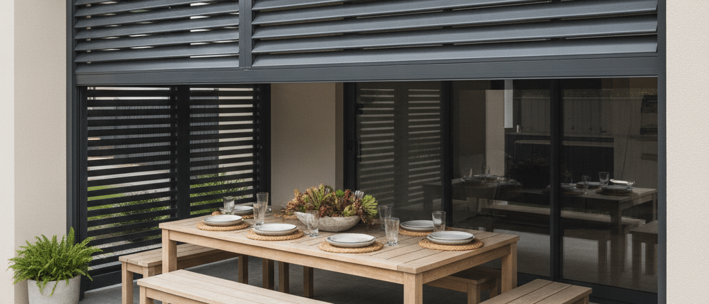 Covered Sydney alfresco area with powder-coated aluminium shutters, outdoor dining setting, modern Australian home exterior, natural