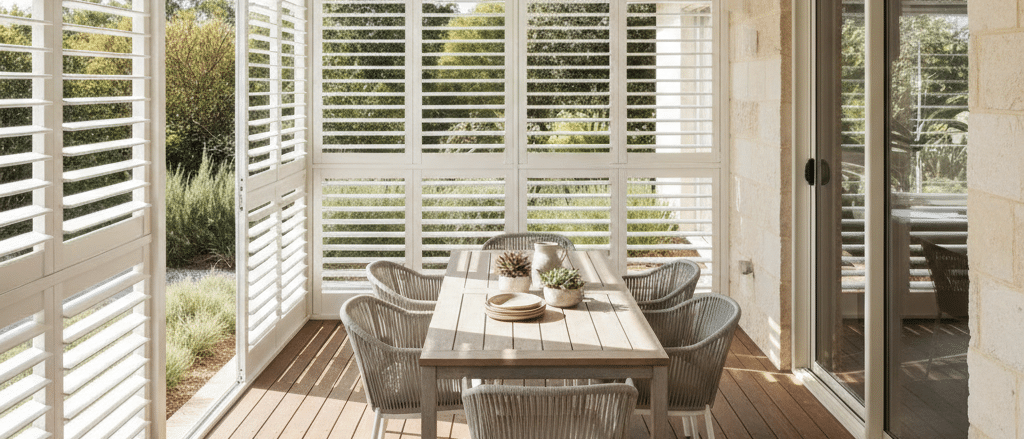 Covered Sydney alfresco area with white outdoor shutters, outdoor dining setting, natural daylight, modern Australian home
