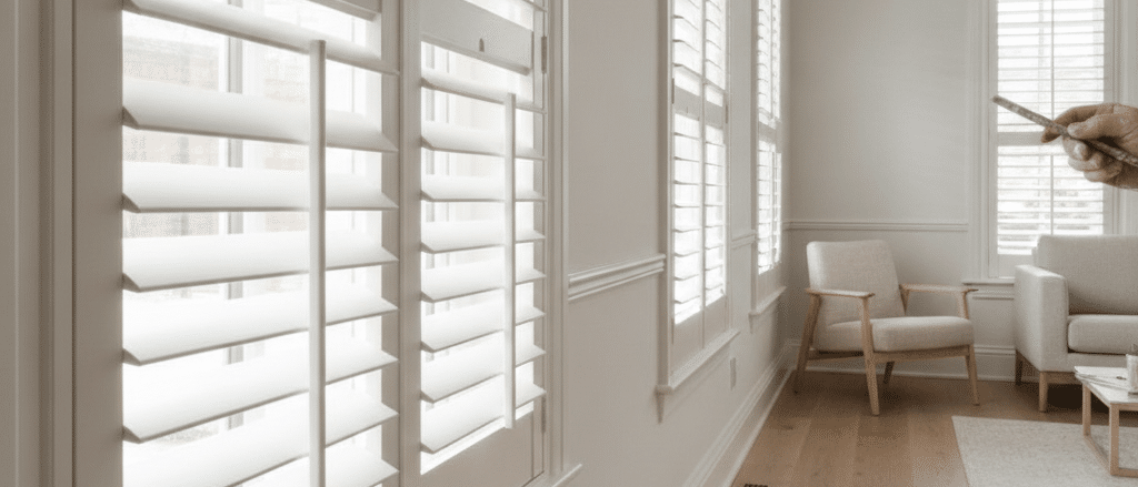 Custom painted shutters in a soft neutral finish, matched to walls and trim, bright calm interior,