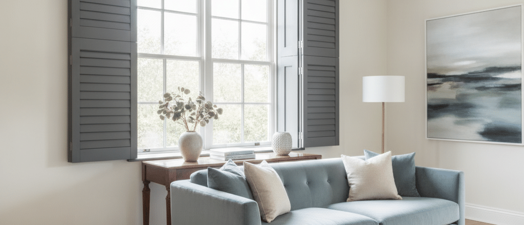 Feature window with dark custom painted shutters, stylish contrast colour, elegant living room, natural daylight, refined