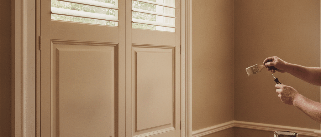 Heritage style Sydney home interior with custom painted shutters, classic trim, period details, warm neutral paint