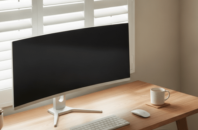 Home office with white composite shutters controlling screen glare, desk near window, neat modern interior, soft