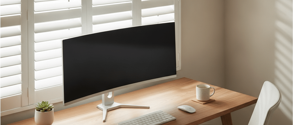 Home office with white composite shutters controlling screen glare, desk near window, neat modern interior, soft