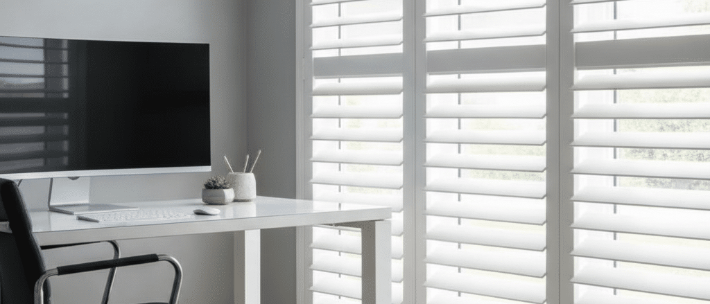 Home office with white composite shutters controlling screen glare, desk near window, neat modern interior, soft