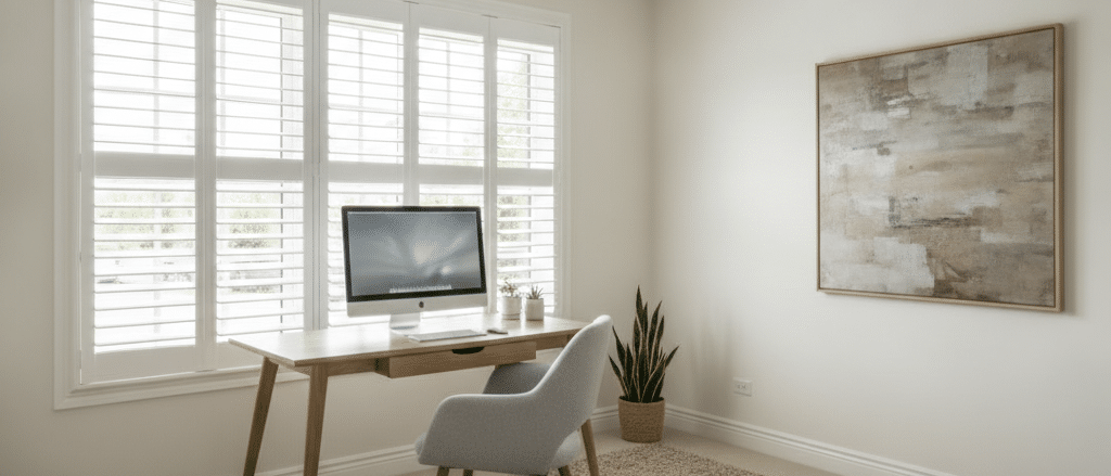 Home office with white faux wood shutters controlling screen glare, desk near window, clean modern interior,