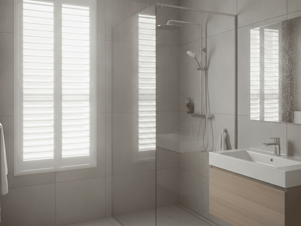 Humid bathroom setting with white waterproof shutters near tiled shower area, clean modern fixtures, natural daylight,