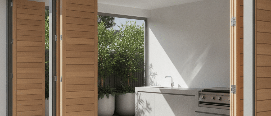 Large covered outdoor opening with multiple outdoor shutter panels, modern Australian alfresco area, clean lines, natural
