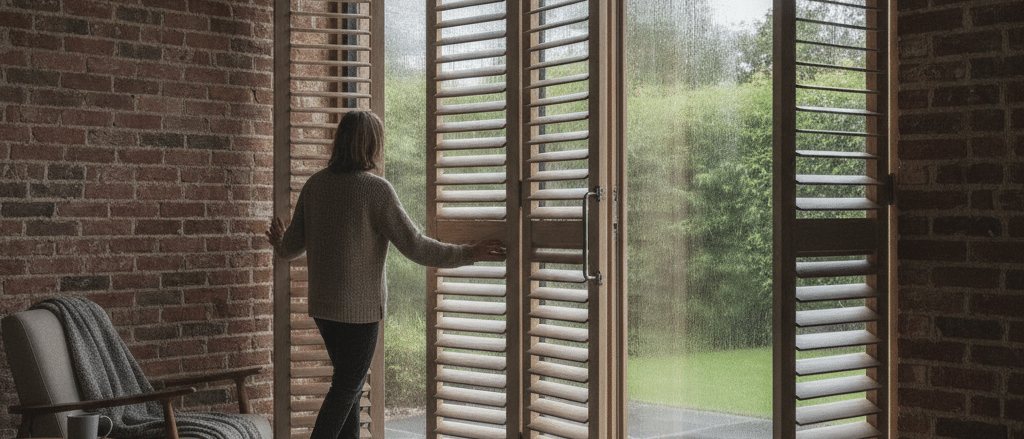 Large shutters across a wide glass opening