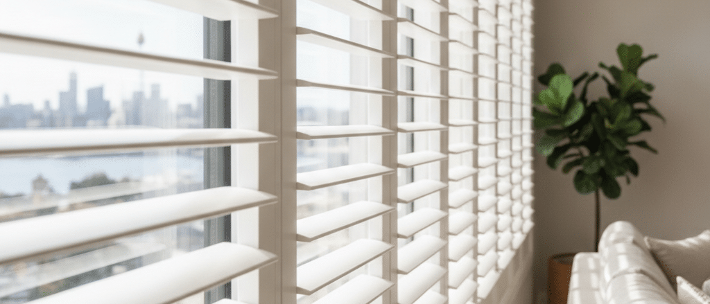 Large white shutters on wide living room windows in a Sydney home