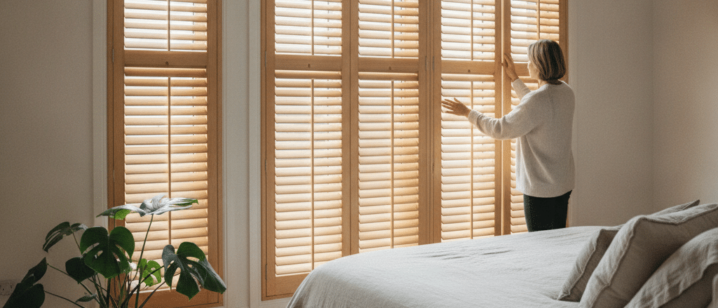 Large window shutters in a bedroom