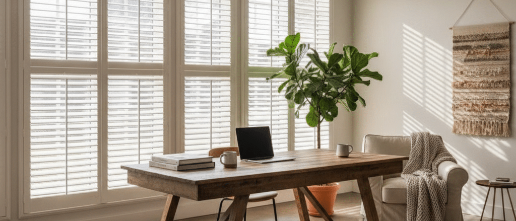 Large window shutters in a bright living room