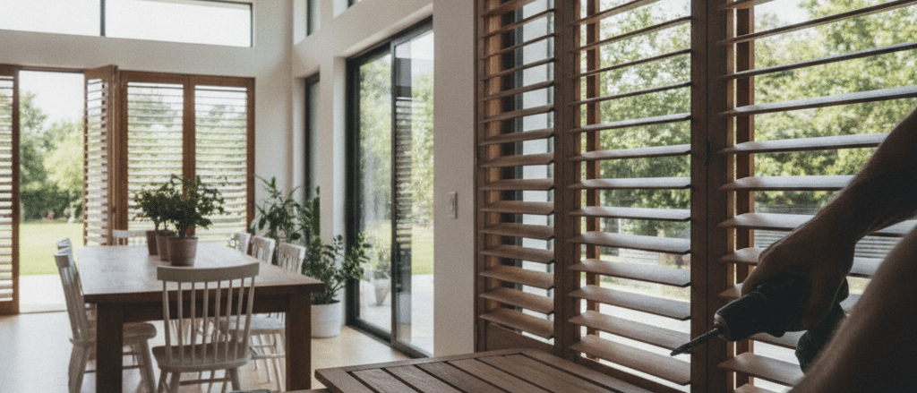 Large window shutters in an open dining room