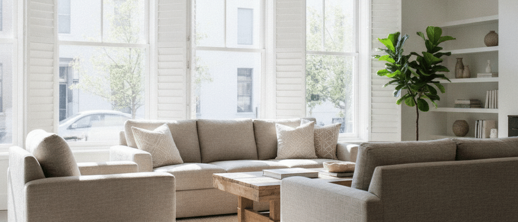 Living room with white composite shutters on street-facing windows, bright natural light, neutral furniture, clean practical