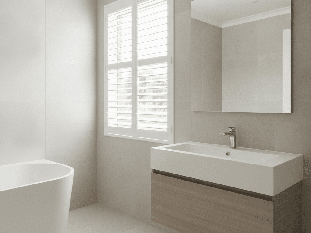 Modern bathroom with white waterproof shutters fitted to window, light tiles, clean mirror and vanity, natural