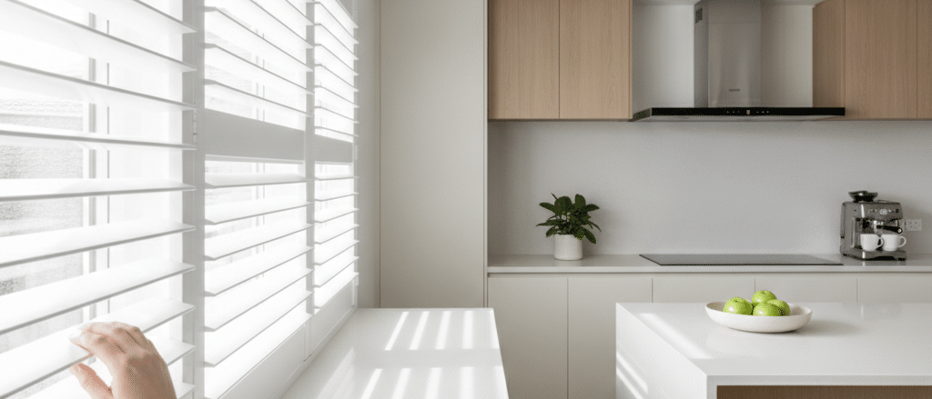 Modern kitchen with white composite shutters on window, clean benchtops, soft daylight, neutral cabinetry, realistic Australian