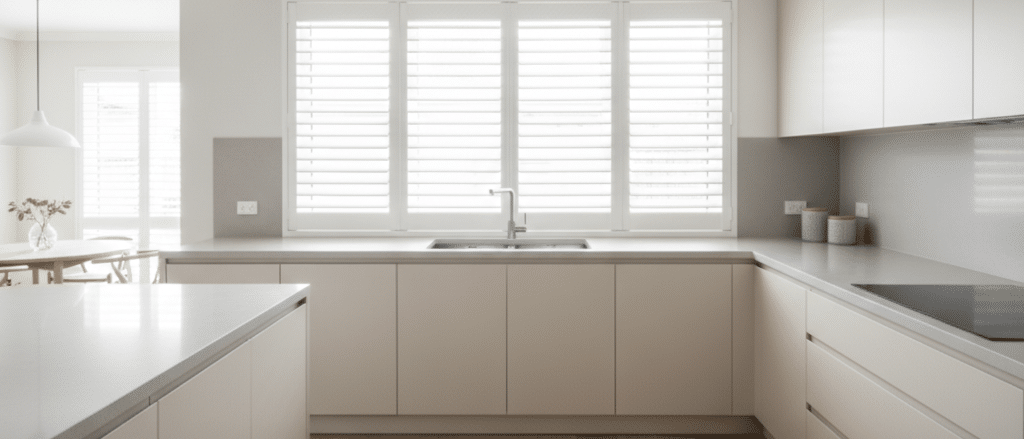 Modern kitchen with white faux wood shutters, clean benchtops, neutral cabinetry, natural daylight, practical easy-clean interior,