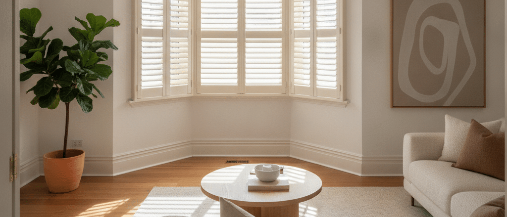 Modern Sydney living room with custom painted plantation shutters in a soft warm neutral colour, matched