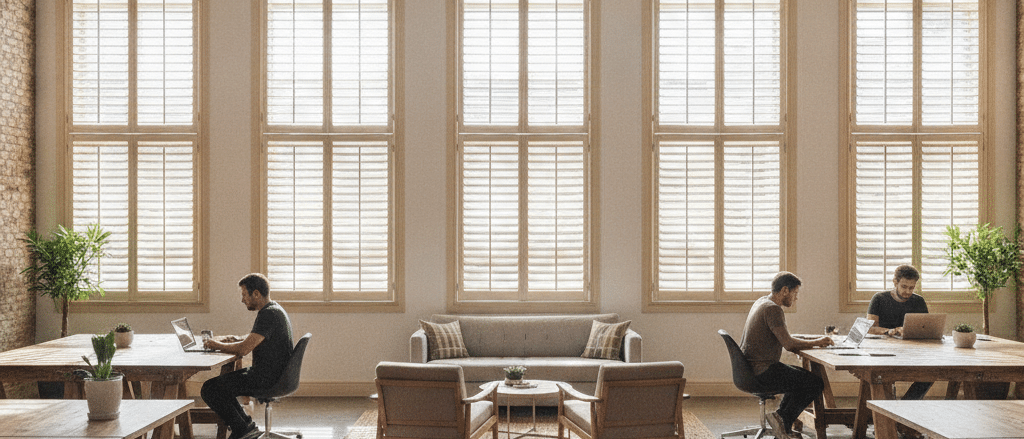 Neutral coloured shutters fitted across large windows