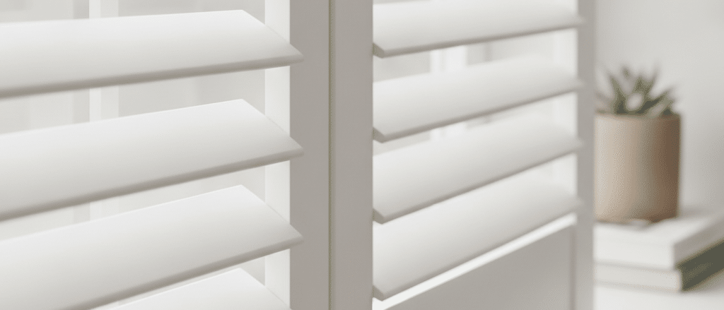 Neutral white composite shutters with adjustable louvres, close interior detail, bright clean finish, natural light, realistic