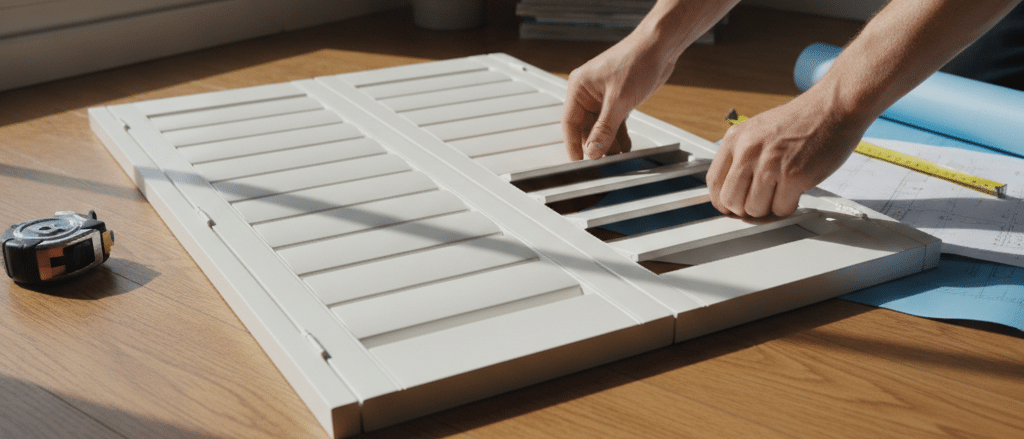 Neutral white faux wood shutters with adjustable louvres, close interior detail, bright clean finish, smooth timber-look