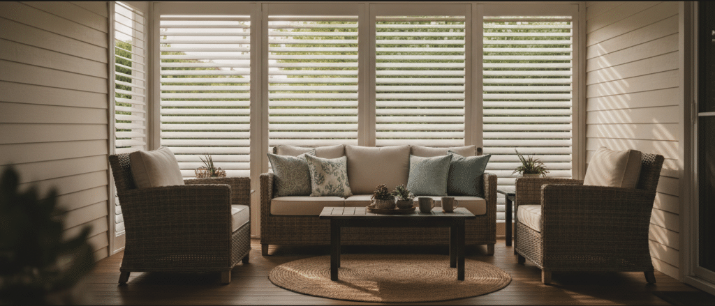 Neutral white outdoor shutters in a covered patio, light exterior walls, timber decking, outdoor seating, soft