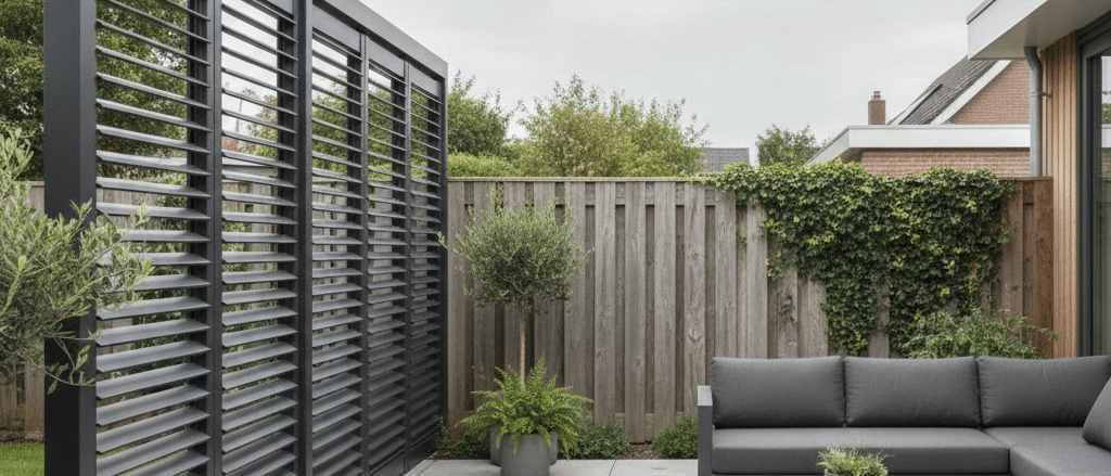 Outdoor shutters used as side privacy screening on a patio, neighbouring fence in background, soft sunlight,